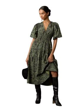 Pilcro Corduroy Ruched Green Printed Puff Sleeve Midi Dress Sz. XL